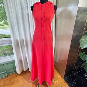 Vintage 1960s maxi dress, warm cherry red, Mod minimalist, hooded gown